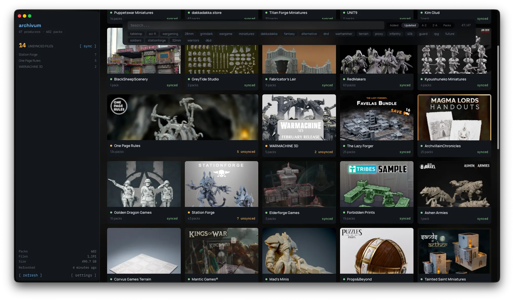 Archivum library overview with synced and unsynced creators